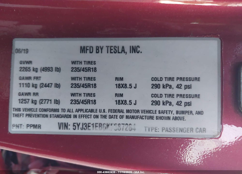 2019 TESLA MODEL 3 VIN: 5YJ3E1EB6KF387284