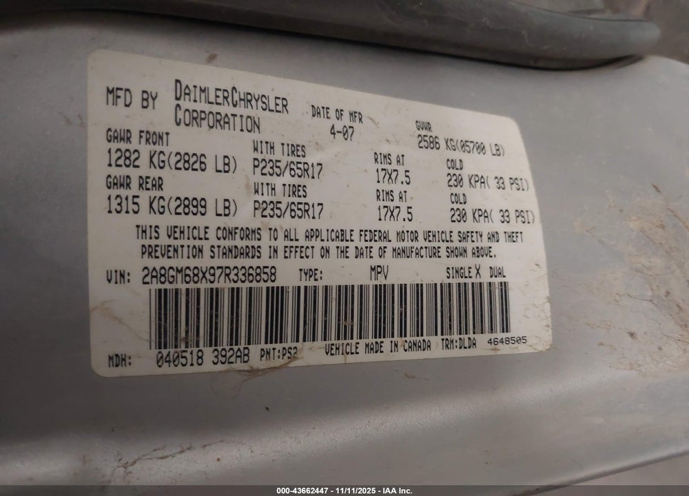 2007 CHRYSLER PACIFICA VIN: 2A8GM68X97R336858