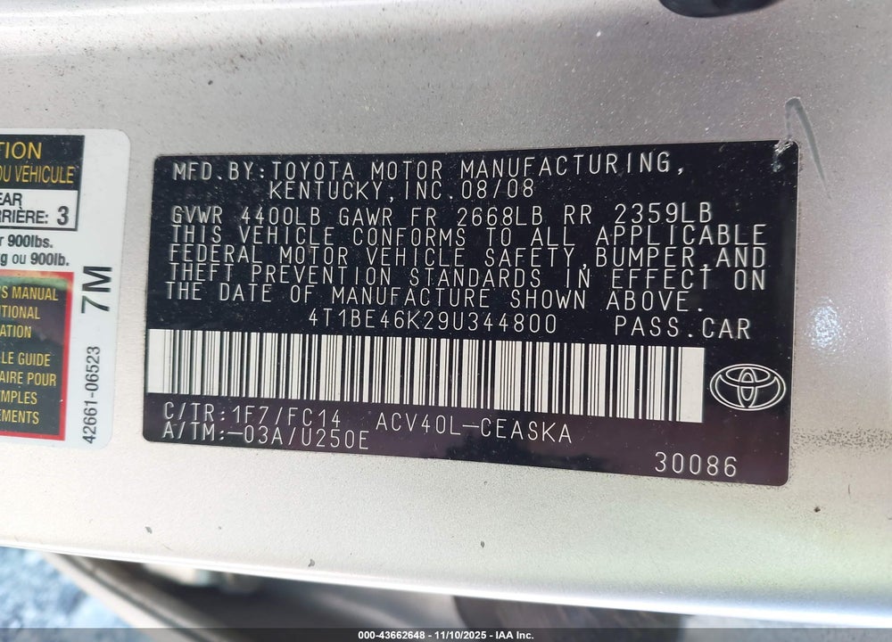 2009 TOYOTA CAMRY SE VIN: 4T1BE46K29U344800