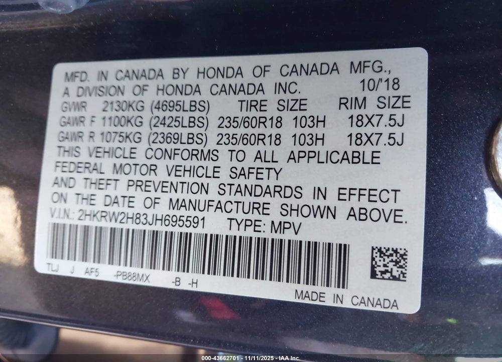 2018 HONDA CR-V EX-L/EX-L NAVI VIN: 2HKRW2H83JH695591