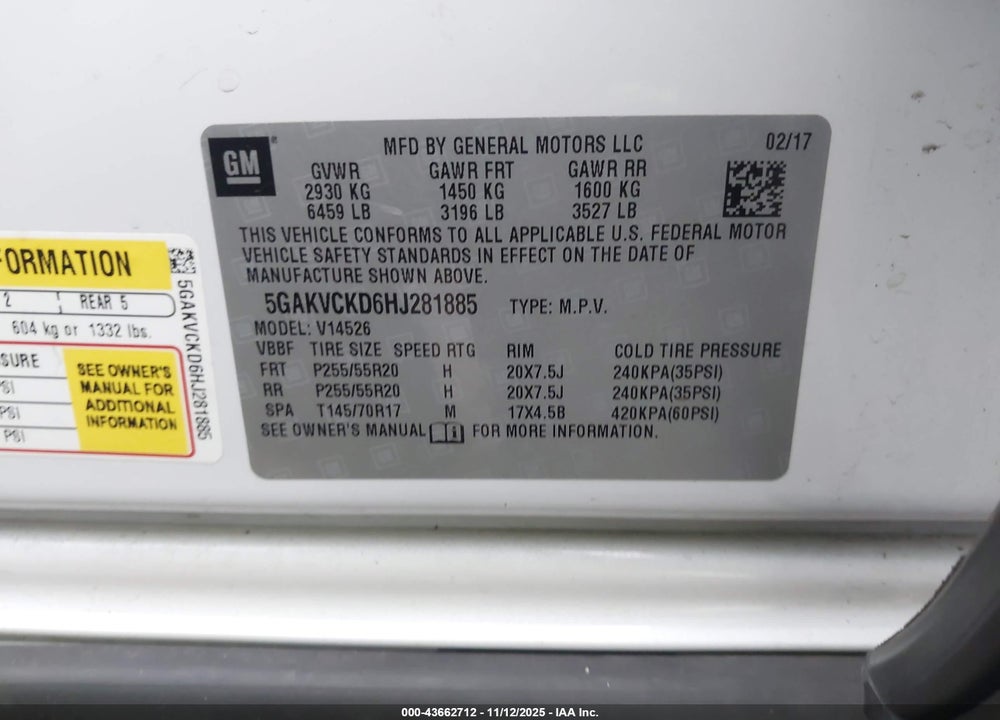 2017 BUICK ENCLAVE PREMIUM VIN: 5GAKVCKD6HJ281885