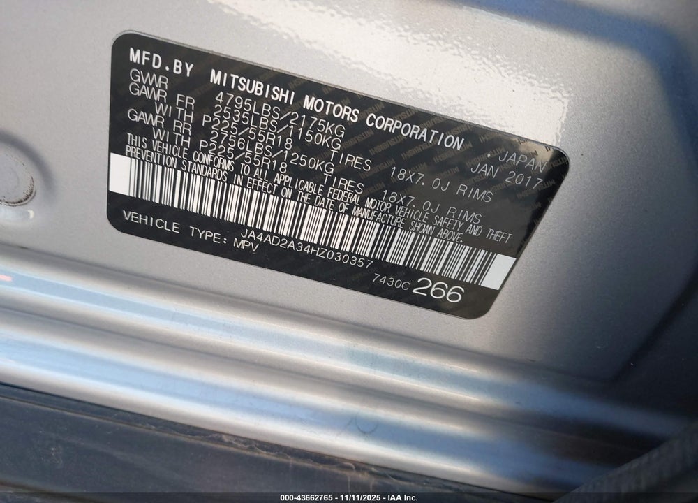2017 MITSUBISHI OUTLANDER ES VIN: JA4AD2A34HZ030357