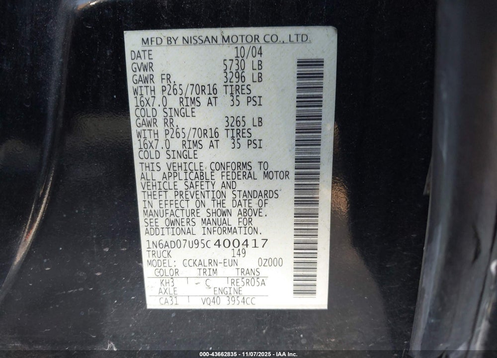 2005 NISSAN FRONTIER SE VIN: 1N6AD07U95C400417
