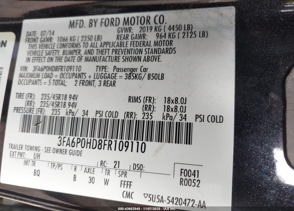 2015 FORD FUSION SE VIN: 3FA6P0HD8FR109110