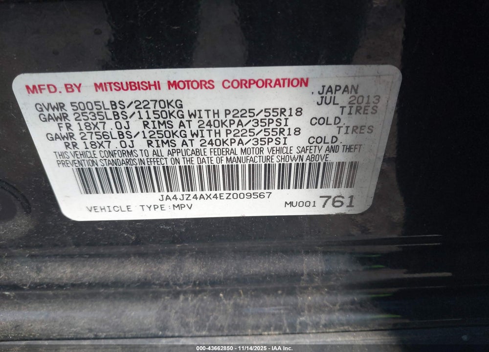 2014 MITSUBISHI OUTLANDER GT VIN: JA4JZ4AX4EZ009567