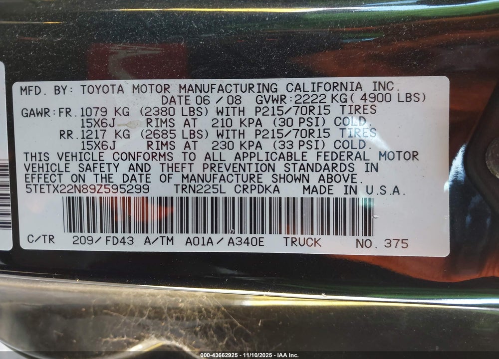 2009 TOYOTA TACOMA VIN: 5TETX22N89Z595299