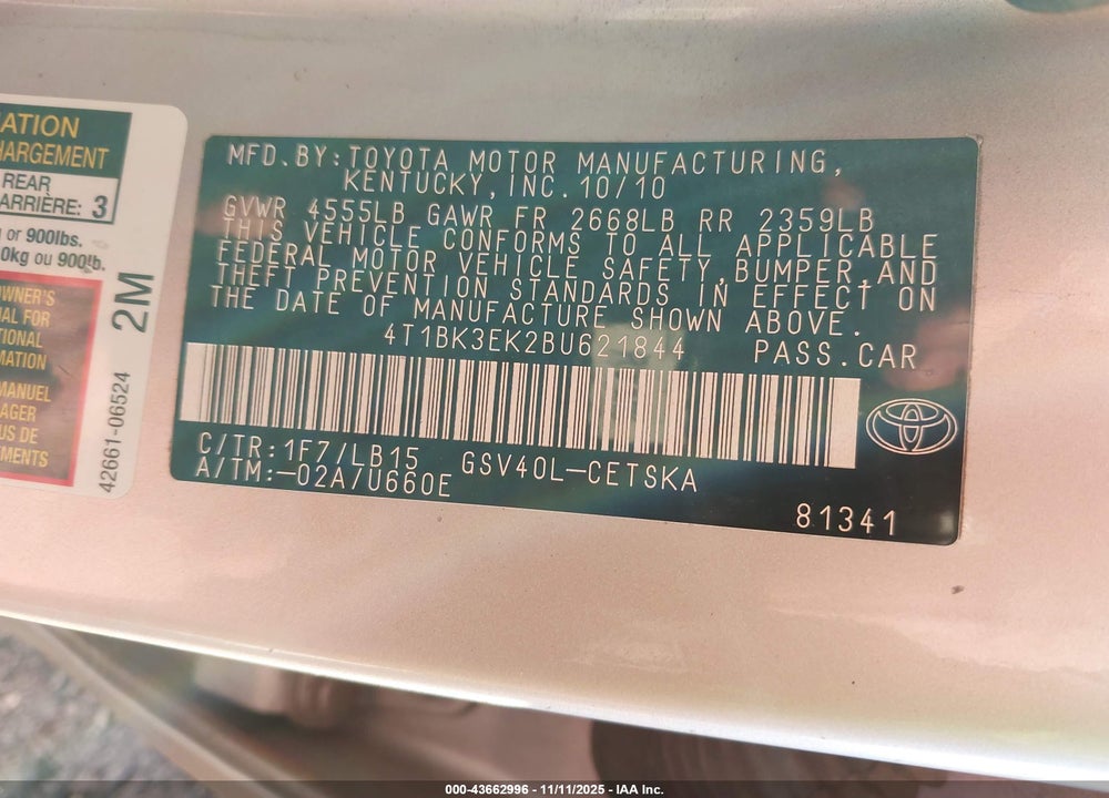 2011 TOYOTA CAMRY SE V6 VIN: 4T1BK3EK2BU621844