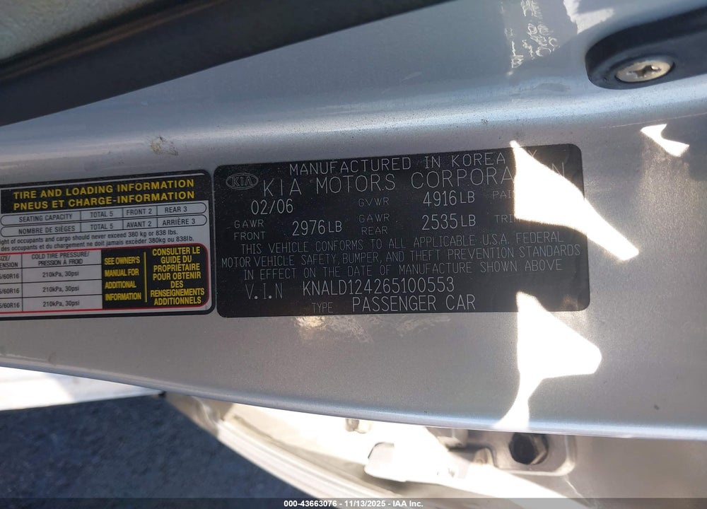 2006 KIA AMANTI VIN: KNALD124265100553
