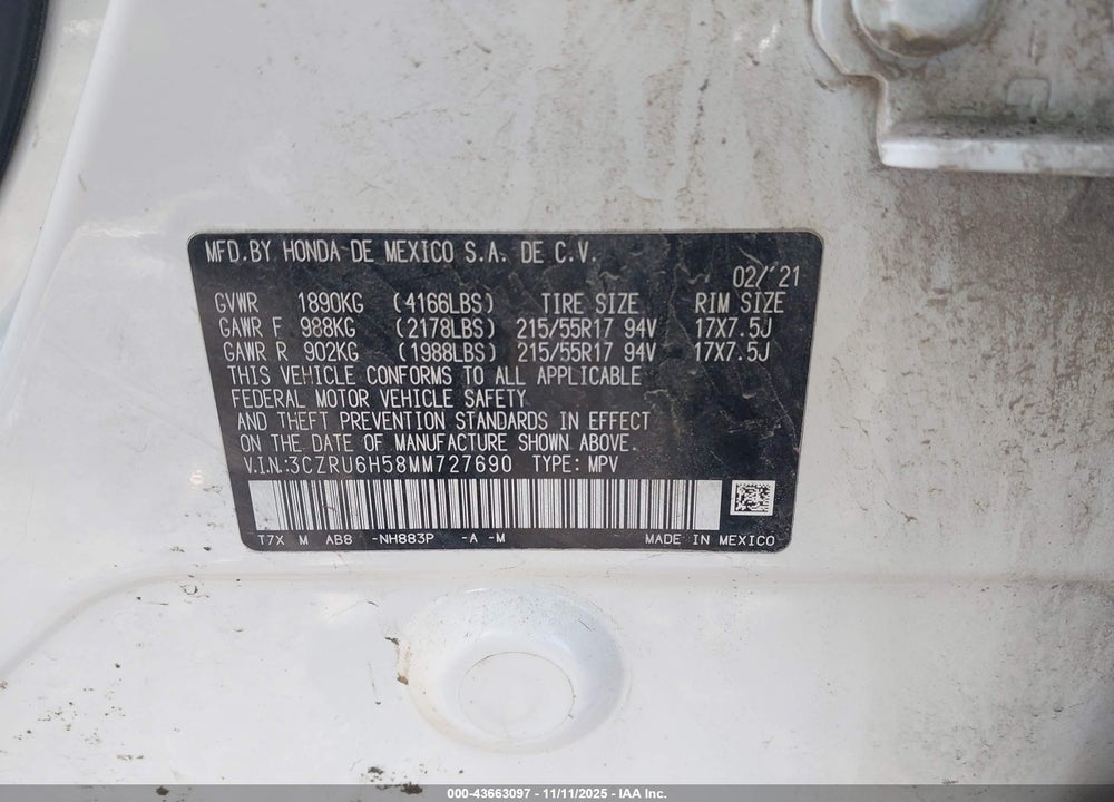 2021 HONDA HR-V VIN: 3CZRU6H58MM727690