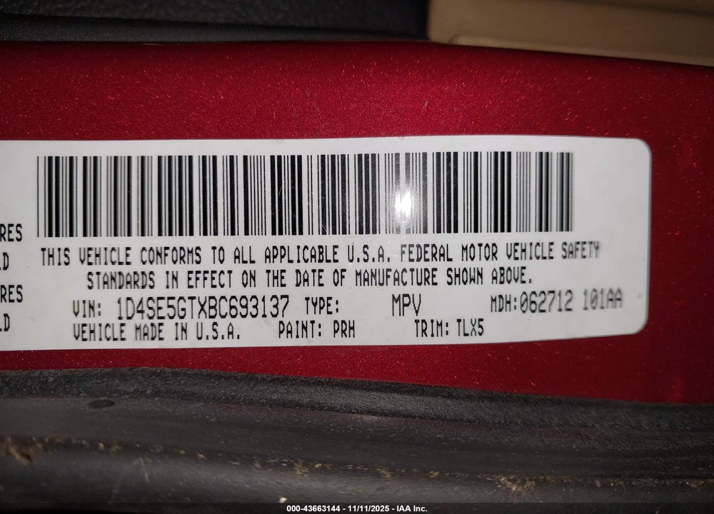 2011 DODGE DURANGO CITADEL VIN: 1D4SE5GTXBC693137