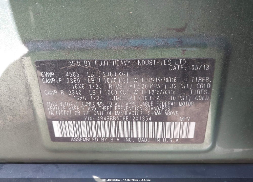 2014 SUBARU OUTBACK 2.5I VIN: 4S4BRBAC8E1201354