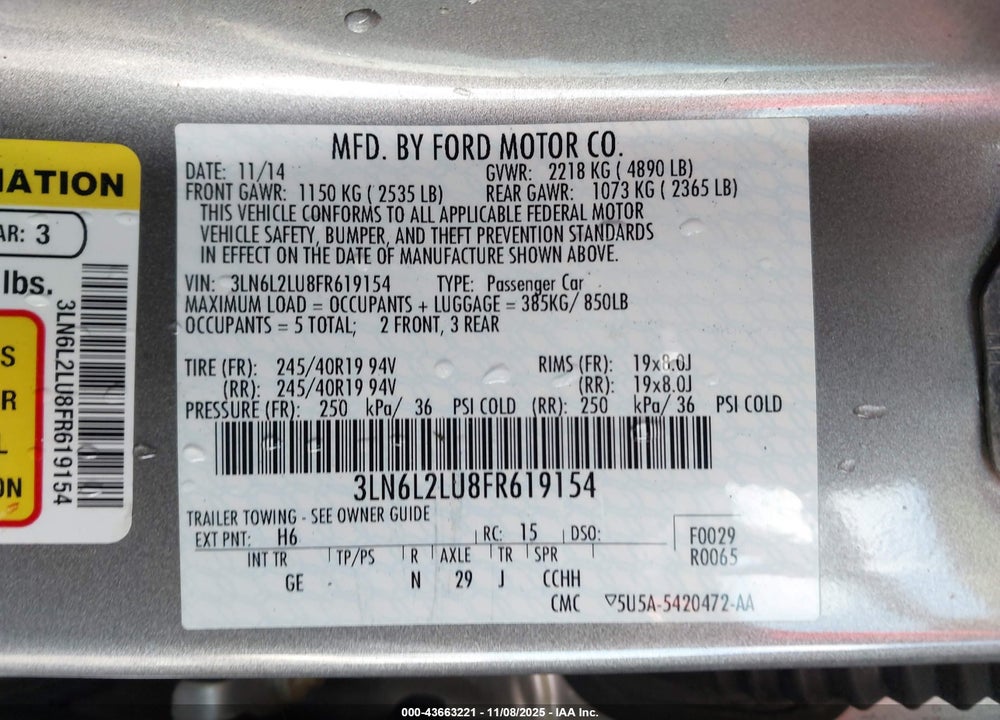 2015 LINCOLN MKZ HYBRID VIN: 3LN6L2LU8FR619154