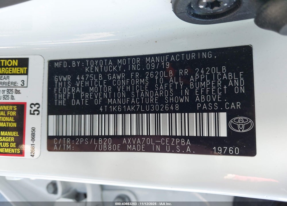 2020 TOYOTA CAMRY VIN: 4T1K61AK7LU302648