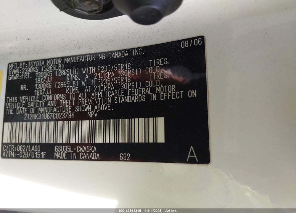 2007 LEXUS RX 350 VIN: 2T2HK31U67C023794