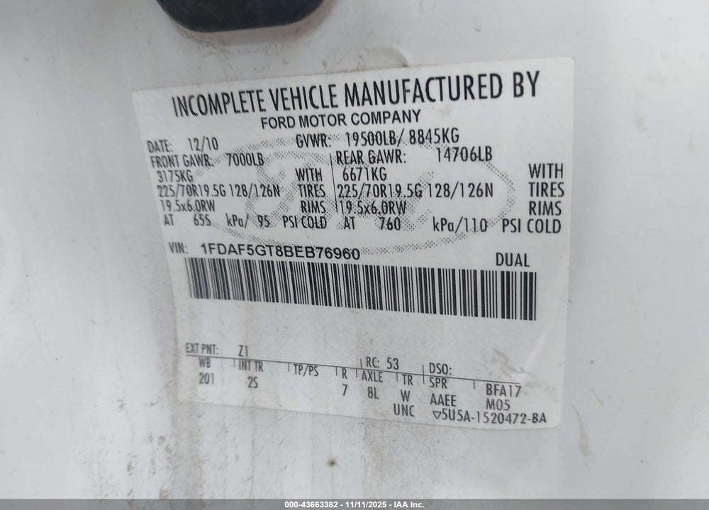 2011 FORD F-550 CHASSIS XL VIN: 1FDAF5GT8BEB76960