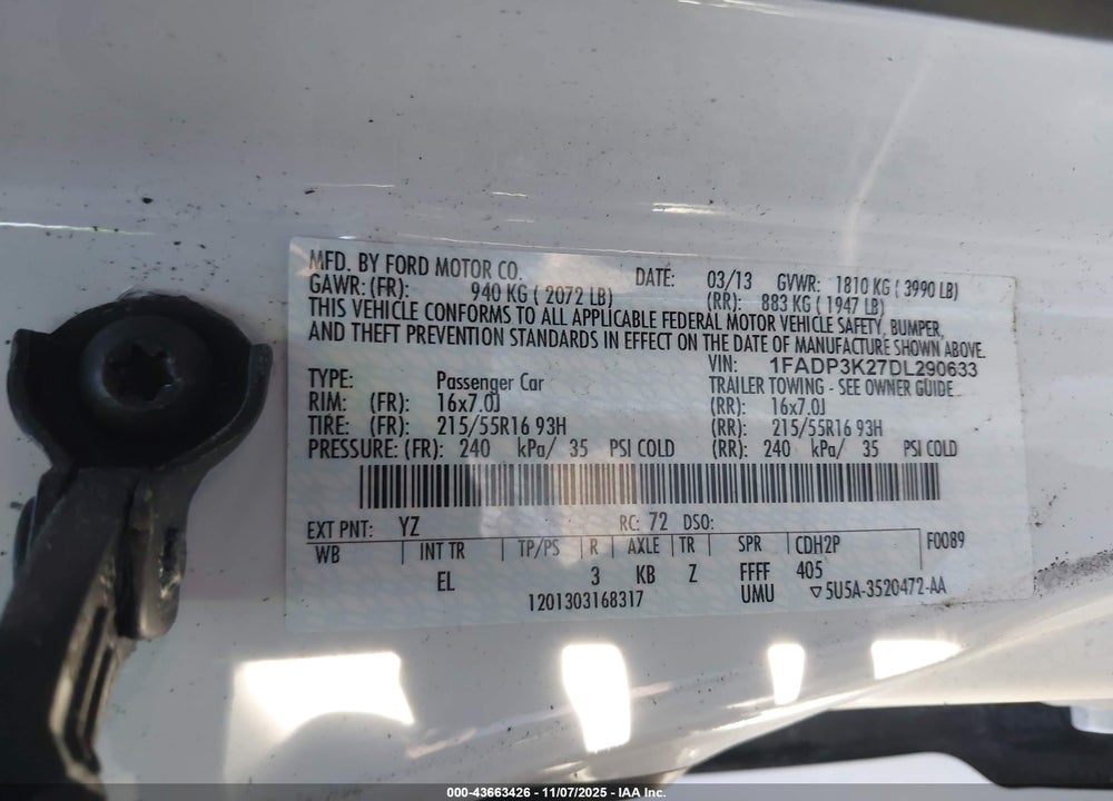 2013 FORD FOCUS SE VIN: 1FADP3K27DL290633
