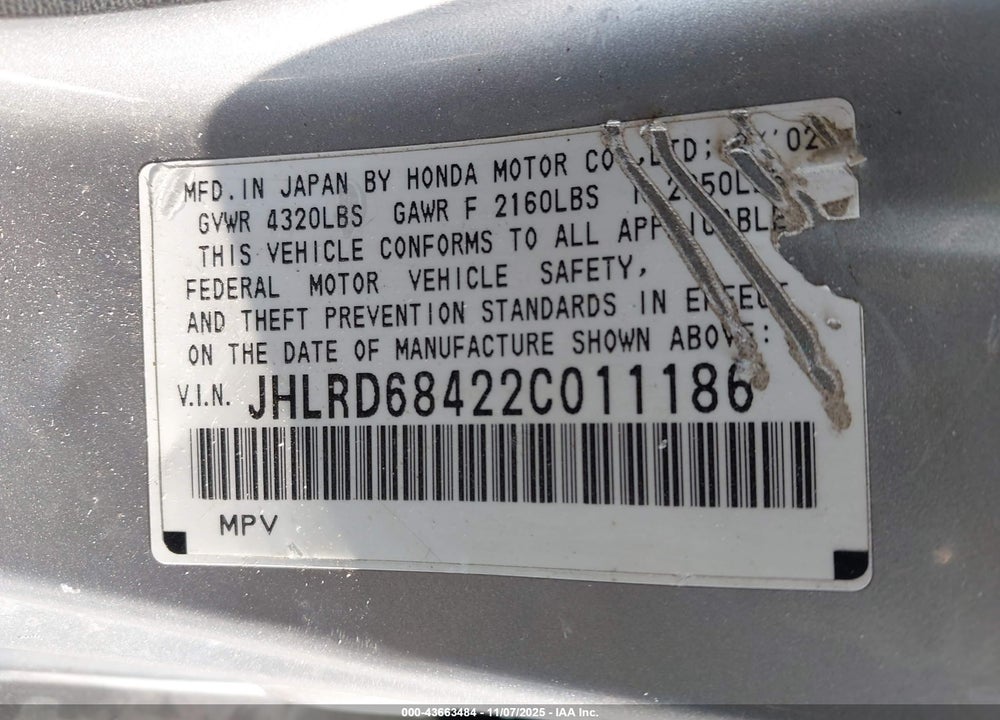 2002 HONDA CR-V LX VIN: JHLRD68422C011186