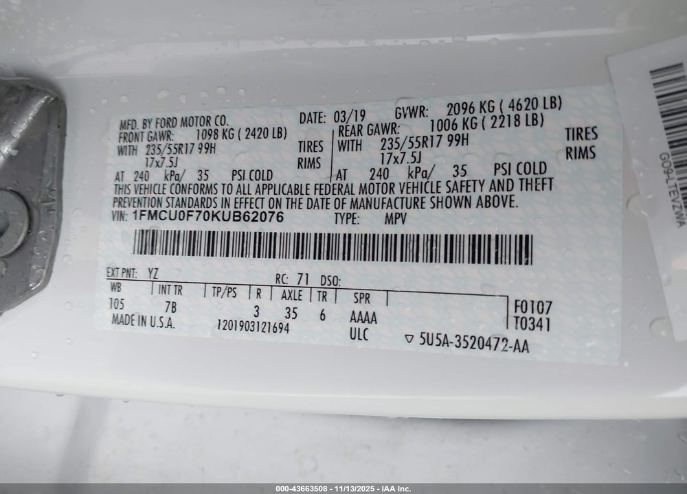 2019 FORD ESCAPE S VIN: 1FMCU0F70KUB62076