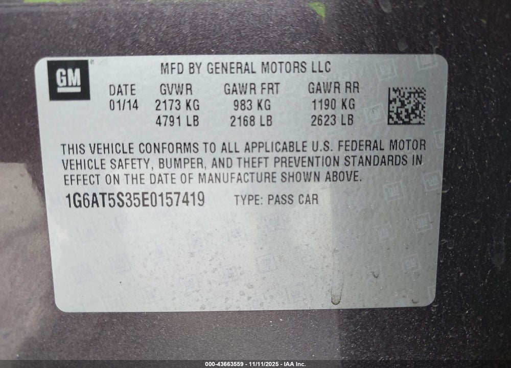 2014 CADILLAC CTS PREMIUM VIN: 1G6AT5S35E0157419