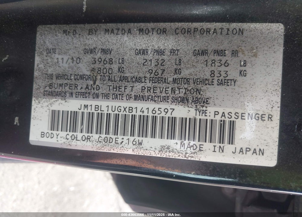 2011 MAZDA 3 I SPORT VIN: JM1BL1UGXB1416597