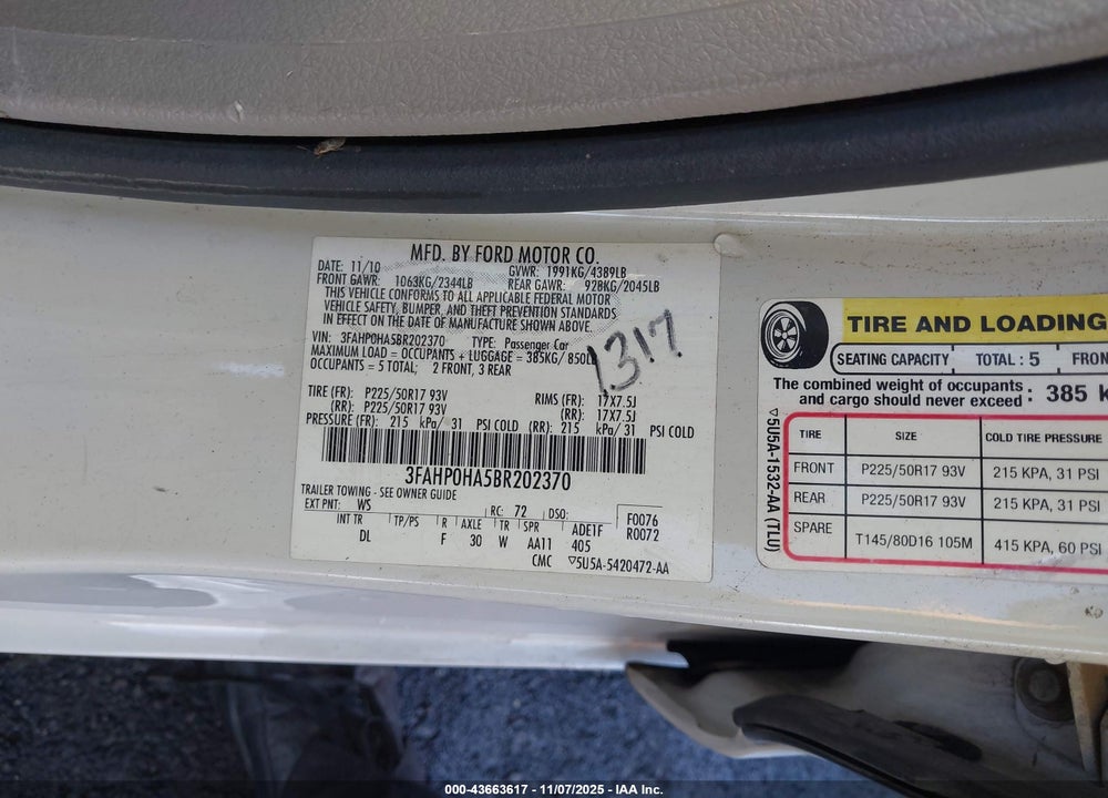 2011 FORD FUSION SE VIN: 3FAHP0HA5BR202370