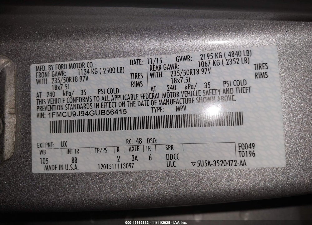 2016 FORD ESCAPE TITANIUM VIN: 1FMCU9J94GUB56415