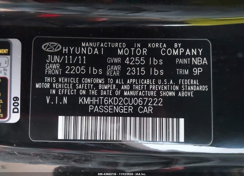2012 HYUNDAI GENESIS 2.0T R-SPEC VIN: KMHHT6KD2CU067222