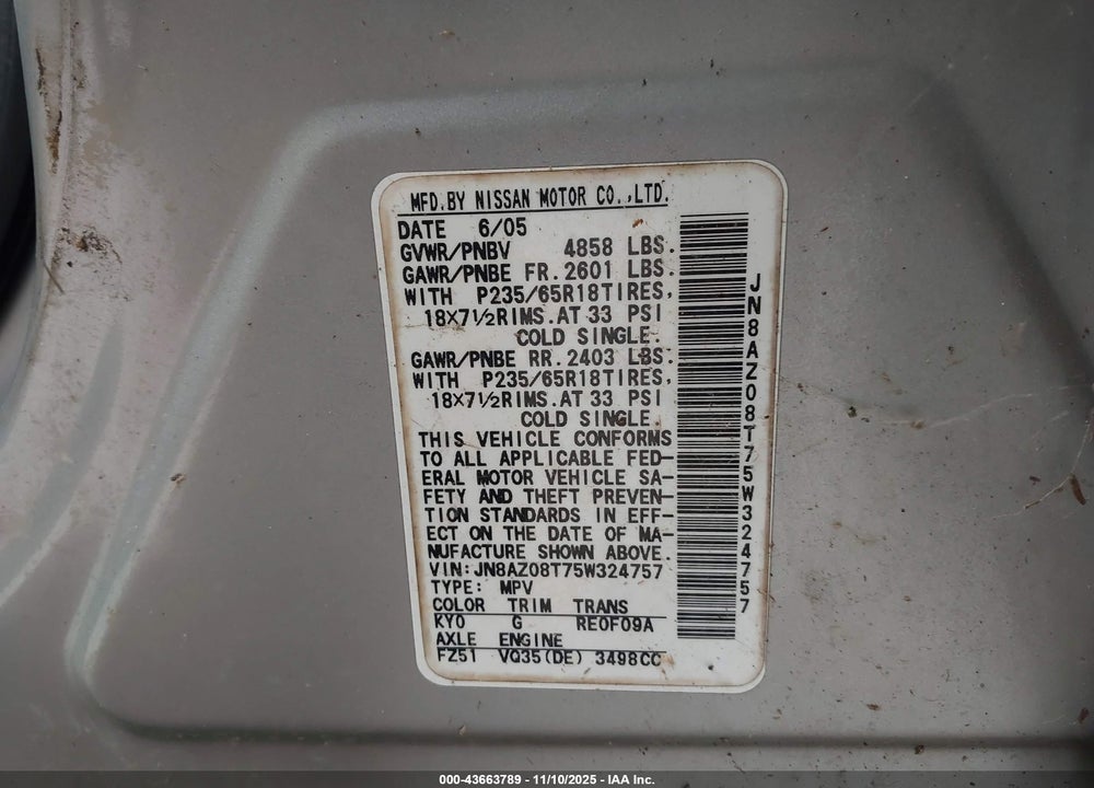 2005 NISSAN MURANO SL VIN: JN8AZ08T75W324757