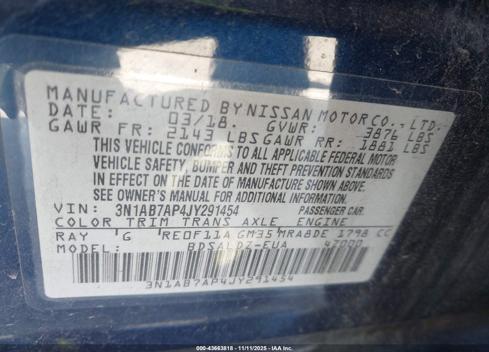 2018 NISSAN SENTRA VIN: 3N1AB7AP4JY291454