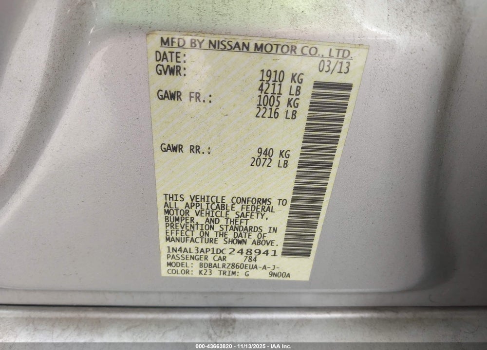 2013 NISSAN ALTIMA 2.5 S VIN: 1N4AL3AP1DC248941