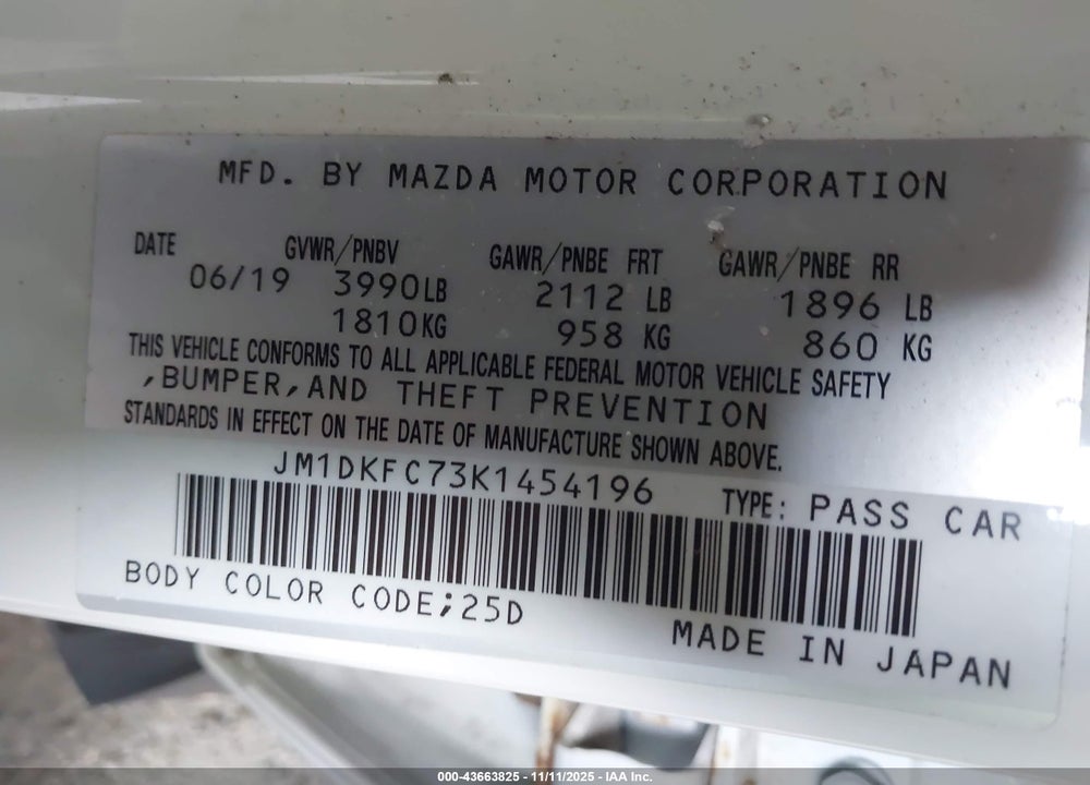2019 MAZDA CX-3 VIN: JM1DKFC73K1454196