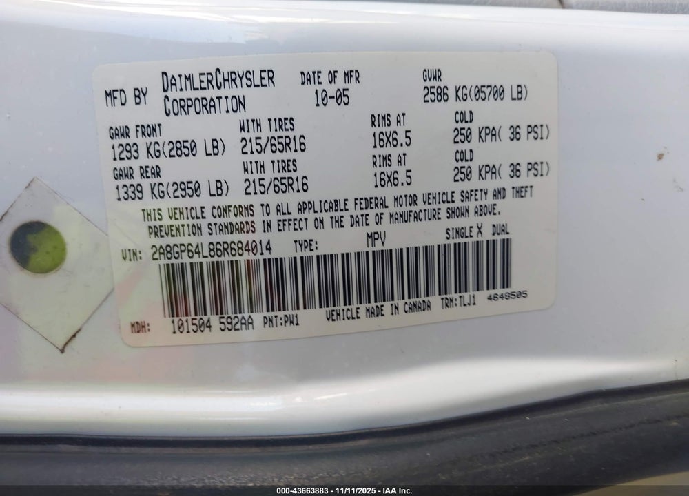 2006 CHRYSLER TOWN & COUNTRY LIMITED VIN: 2A8GP64L86R684014