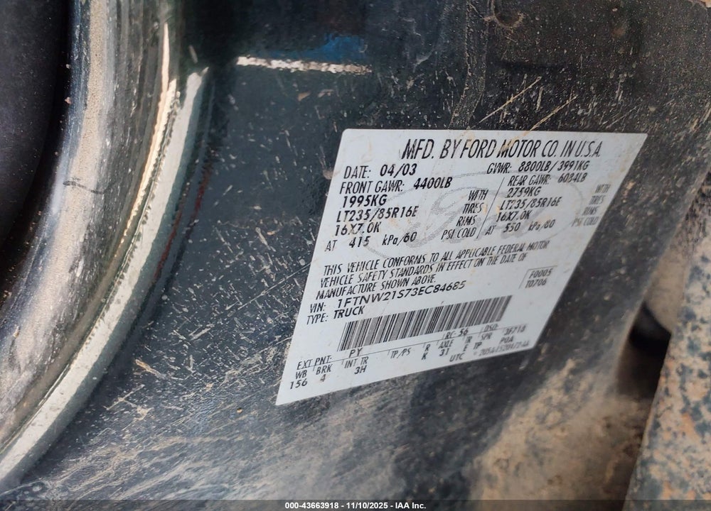 2003 FORD F-250 LARIAT/XL/XLT VIN: 1FTNW21S73EC84685