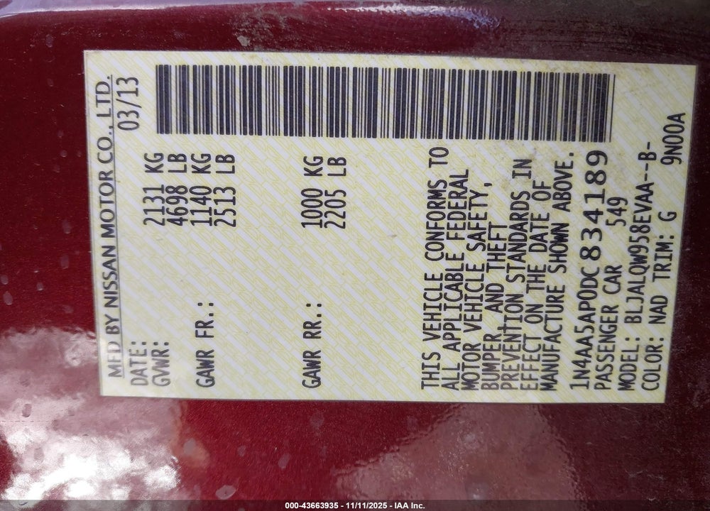 2013 NISSAN MAXIMA VIN: 1N4AA5AP0DC834189