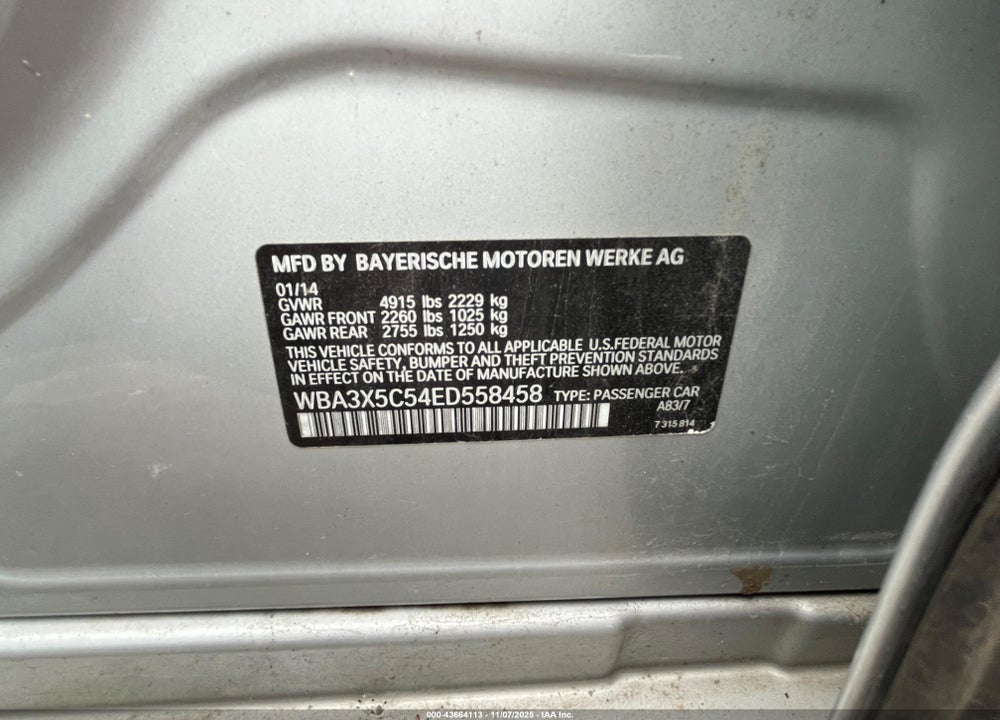 2014 BMW 3 SERIES VIN: WBA3X5C54ED558458