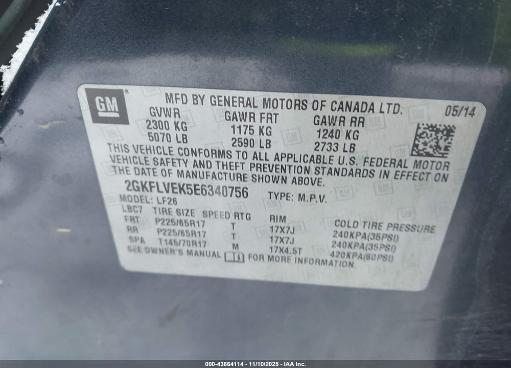 2014 GMC TERRAIN VIN: 2GKFLVEK5E6340756