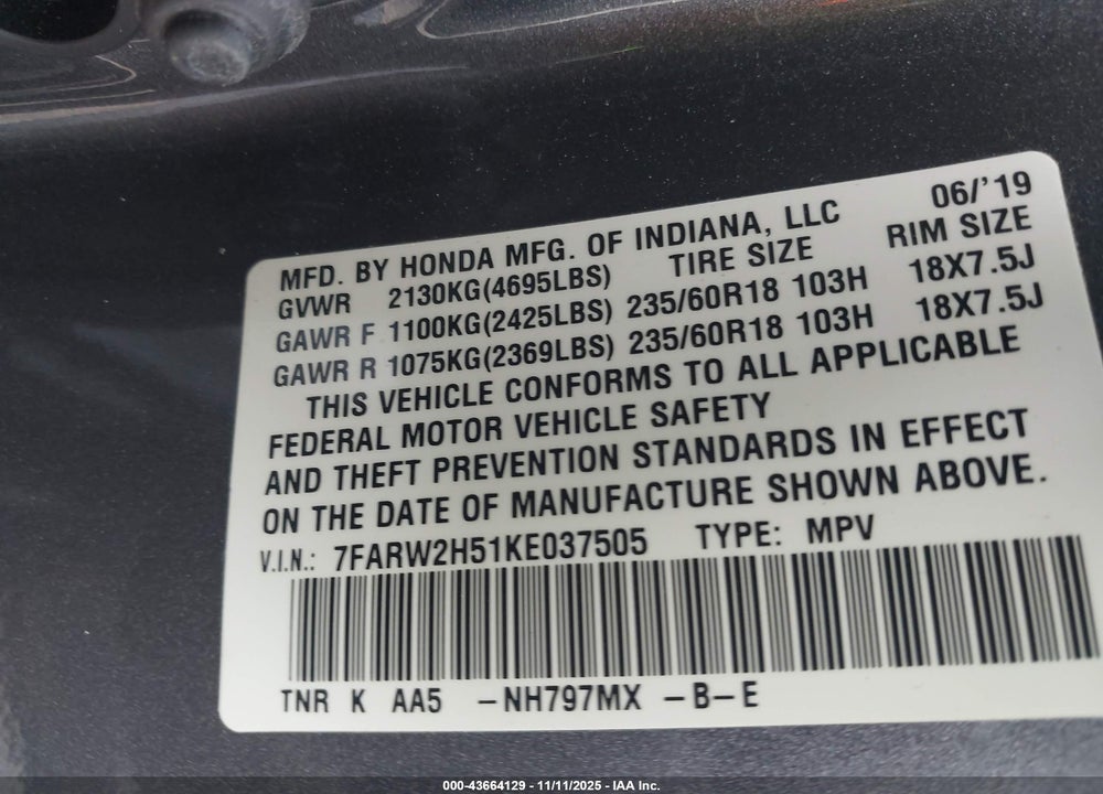 2019 HONDA CR-V EX VIN: 7FARW2H51KE037505