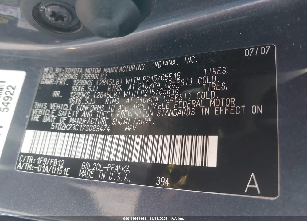 2007 TOYOTA SIENNA CE VIN: 5TDZK23C17S089474