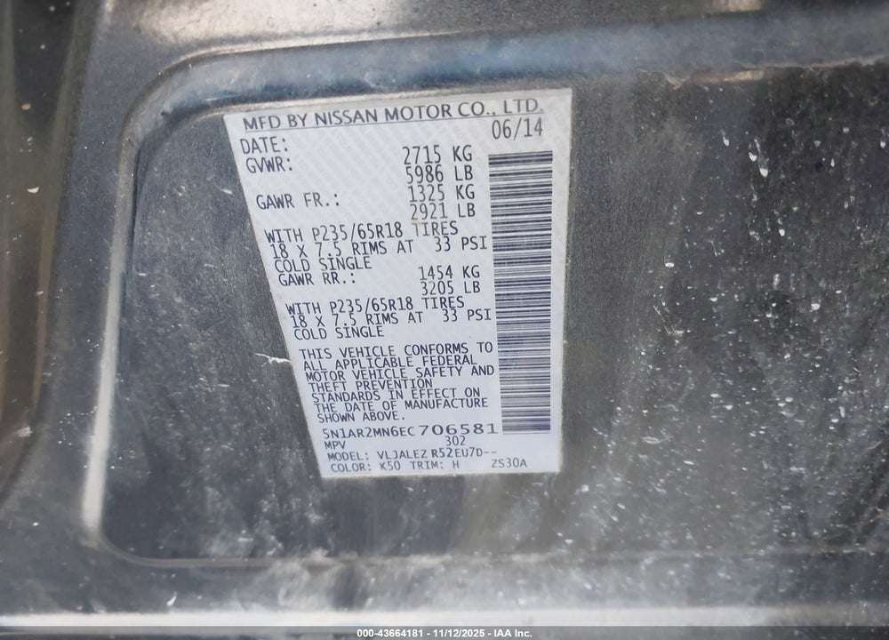 2014 NISSAN PATHFINDER SV VIN: 5N1AR2MN6EC706581