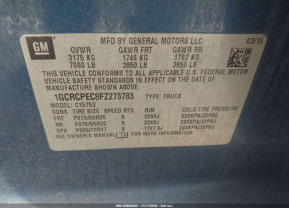 2015 CHEVROLET SILVERADO 1500 LS VIN: 1GCRCPEC8FZ273783
