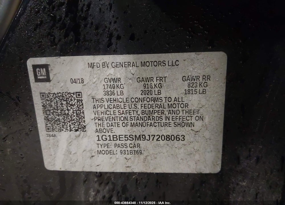 2018 CHEVROLET CRUZE VIN: 1G1BE5SM9J7208063
