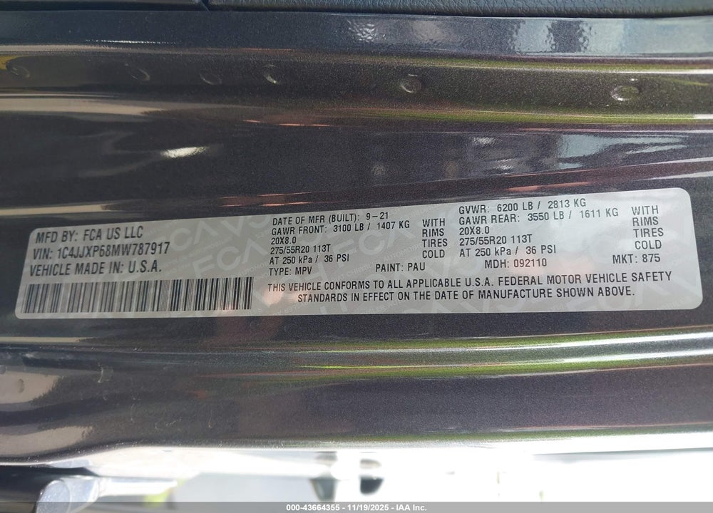 2021 JEEP WRANGLER 4XE UNLIMITED SAHARA 4X4 VIN: 1C4JJXP68MW787917