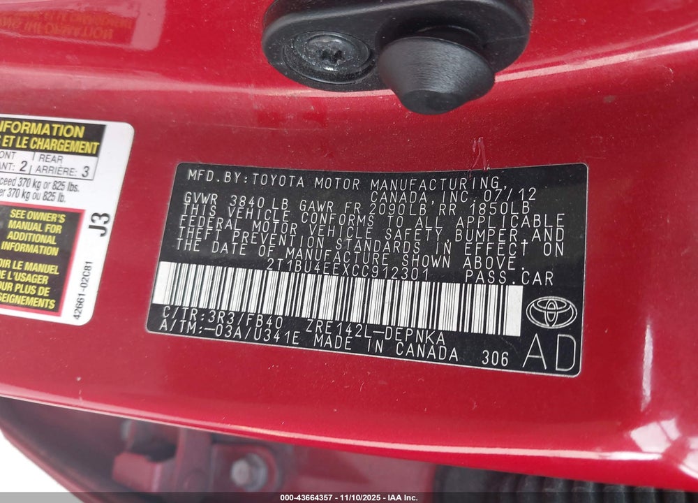 2012 TOYOTA COROLLA LE VIN: 2T1BU4EEXCC912301