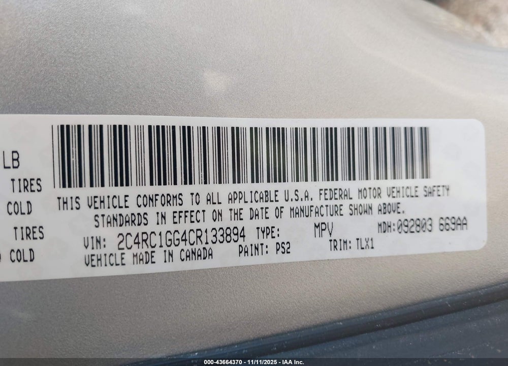 2012 CHRYSLER TOWN & COUNTRY LIMITED VIN: 2C4RC1GG4CR133894