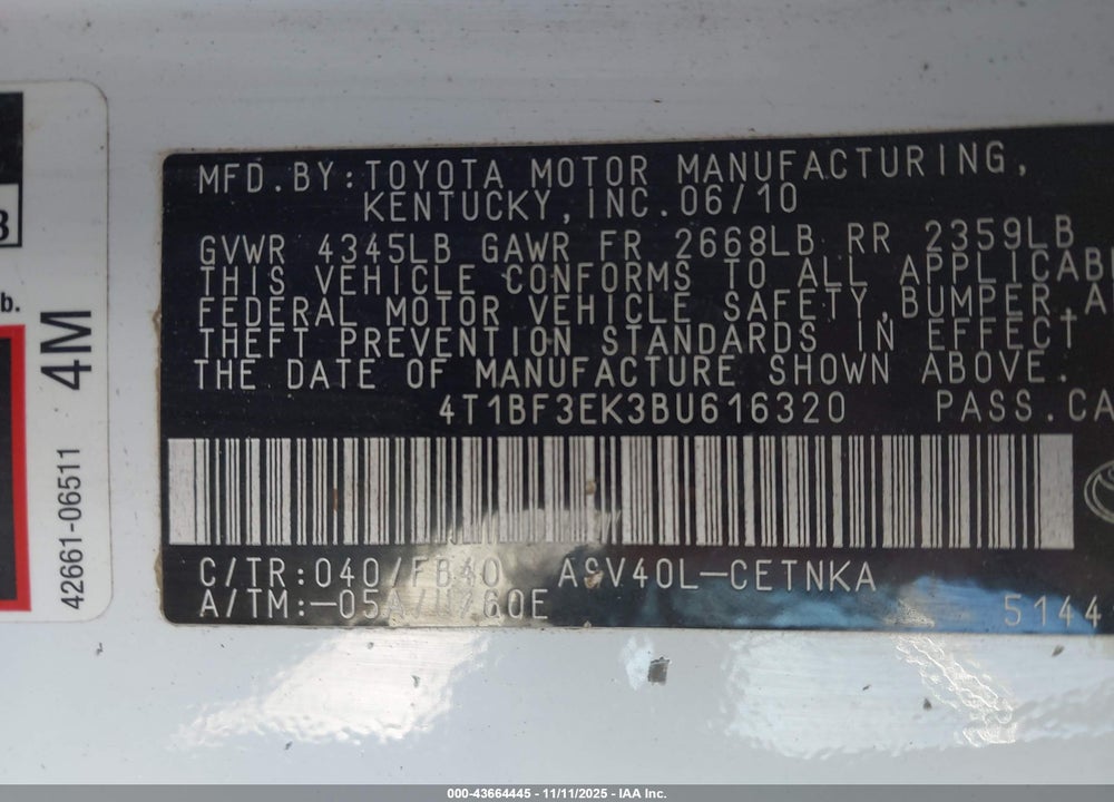 2011 TOYOTA CAMRY VIN: 4T1BF3EK3BU616320