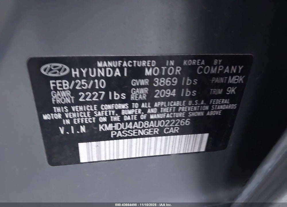 2010 HYUNDAI ELANTRA VIN: KMHDU4AD8AU022266