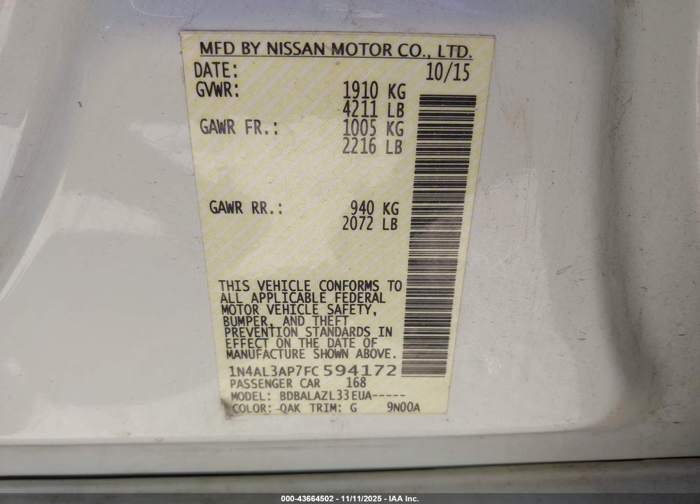 2015 NISSAN ALTIMA 2.5 VIN: 1N4AL3AP7FC594172