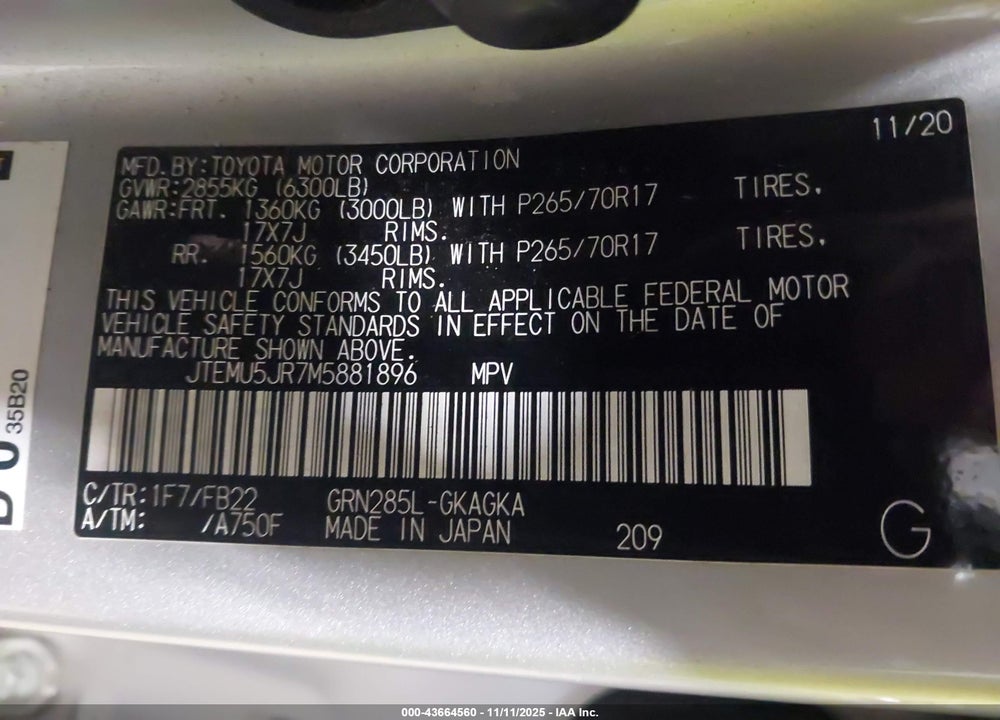 2021 TOYOTA 4RUNNER SR5 VIN: JTEMU5JR7M5881896