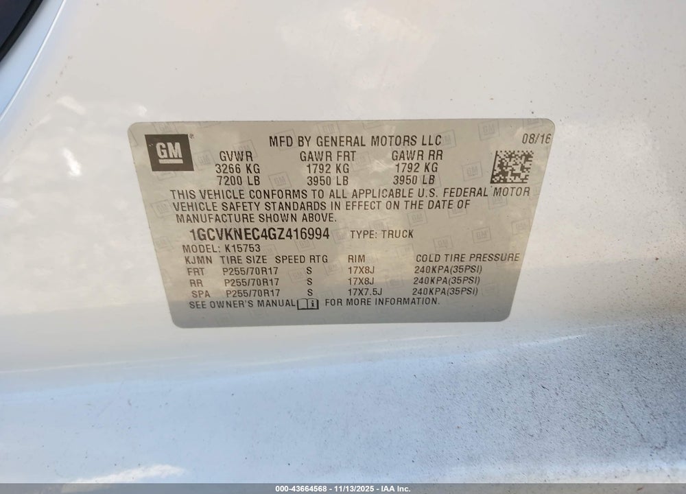 2016 CHEVROLET SILVERADO 1500 VIN: 1GCVKNEC4GZ416994