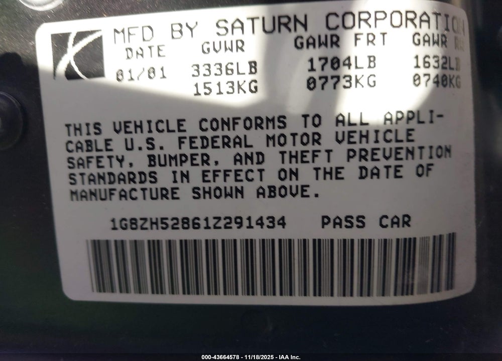 2001 SATURN SL1 VIN: 1G8ZH52861Z291434